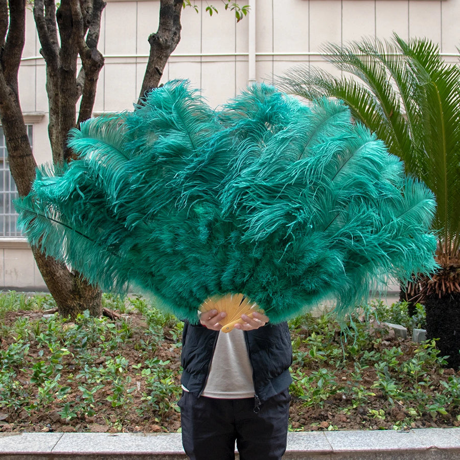 Large (130cm/29") Pair Ostrich Feather Burlesque Fans 13 Staves Dark Green 130cm -29" - One R L Pair Burlesque Dance Props Fans Raqs