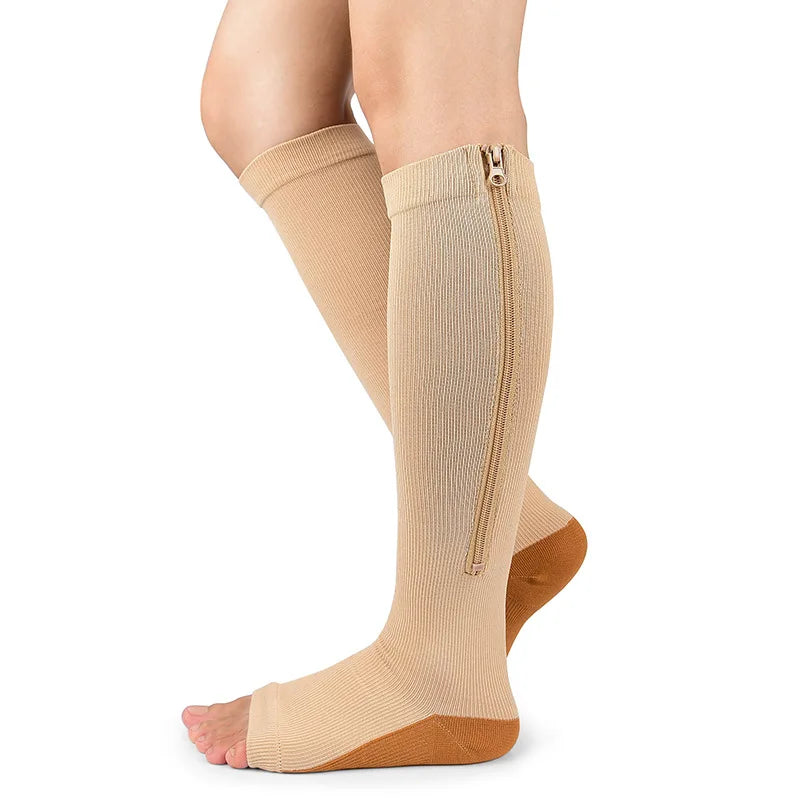 Open-Toe Zip-up Knee-High Medium Compression Socks Tan Brown Cute Lifestyle New Socks