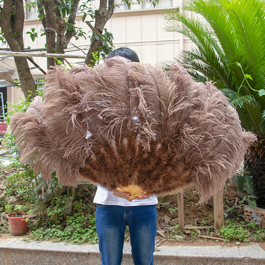 Large (130cm/29") Pair Ostrich Feather Burlesque Fans 13 Staves Coffee 130cm -29" - One R L Pair Burlesque Dance Props Fans Raqs