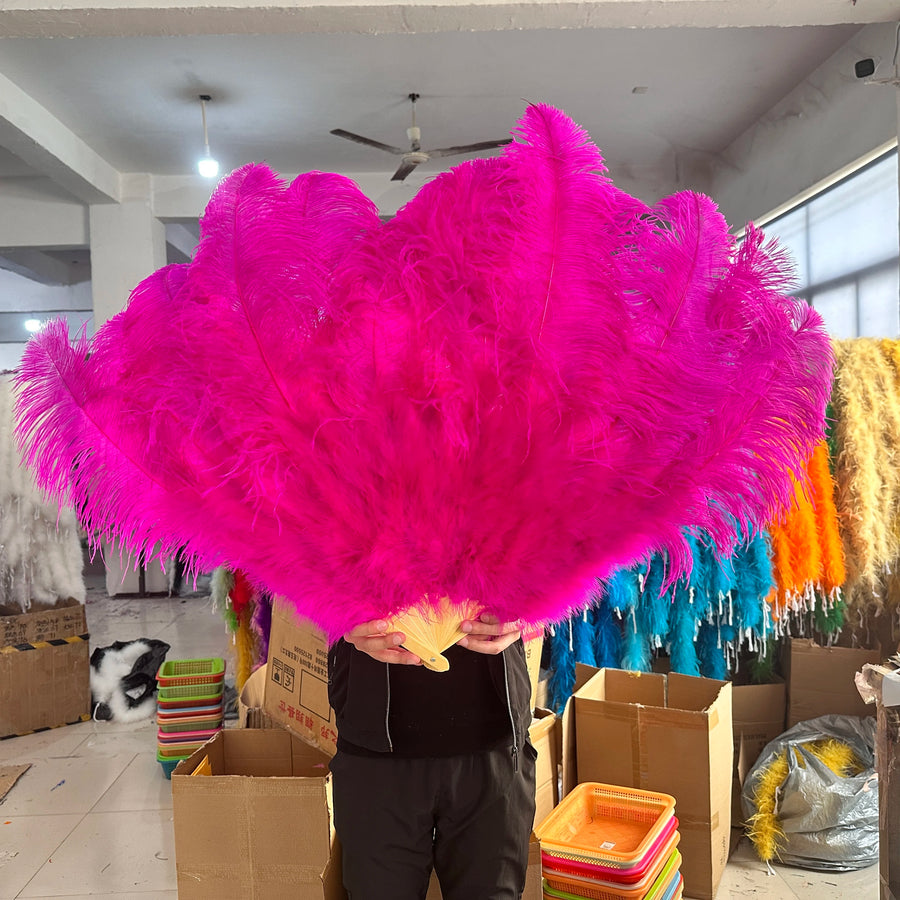 Large (130cm/29") Pair Ostrich Feather Burlesque Fans 13 Staves Rose Red 130cm -29" - One R L Pair Burlesque Dance Props Fans Raqs