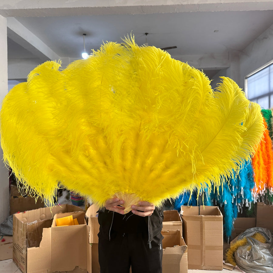 Large (130cm/29") Pair Ostrich Feather Burlesque Fans 13 Staves Yellow 130cm -29" - One R L Pair Burlesque Dance Props Fans Raqs