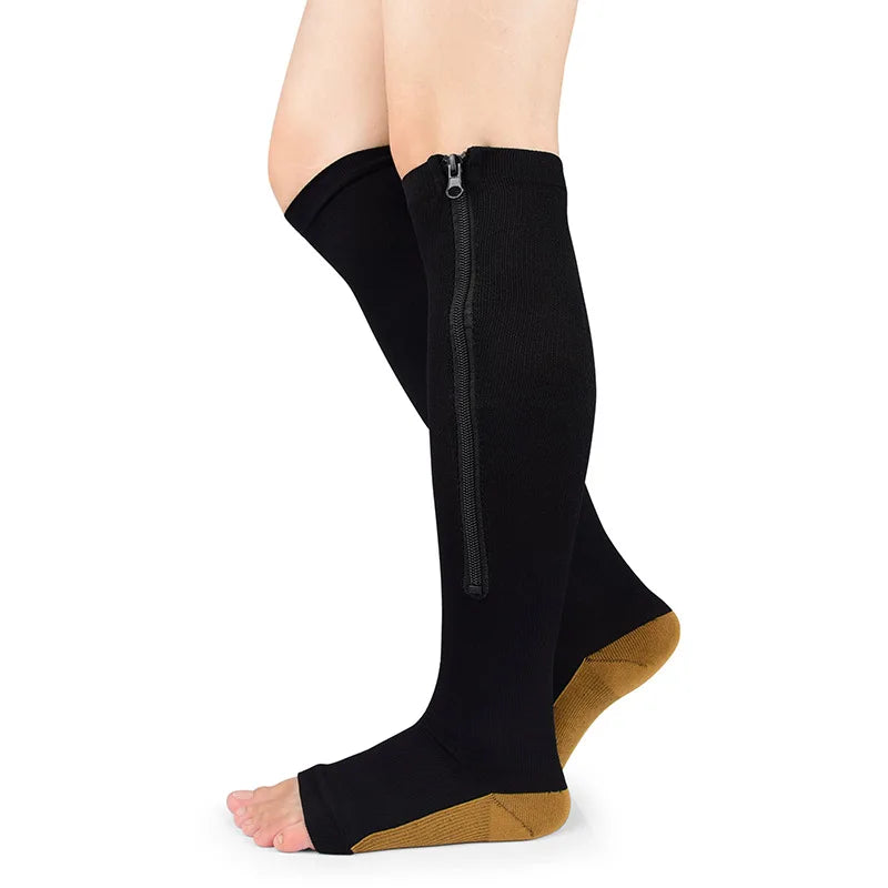 Open-Toe Zip-up Knee-High Medium Compression Socks Black Brown Cute Lifestyle New Socks